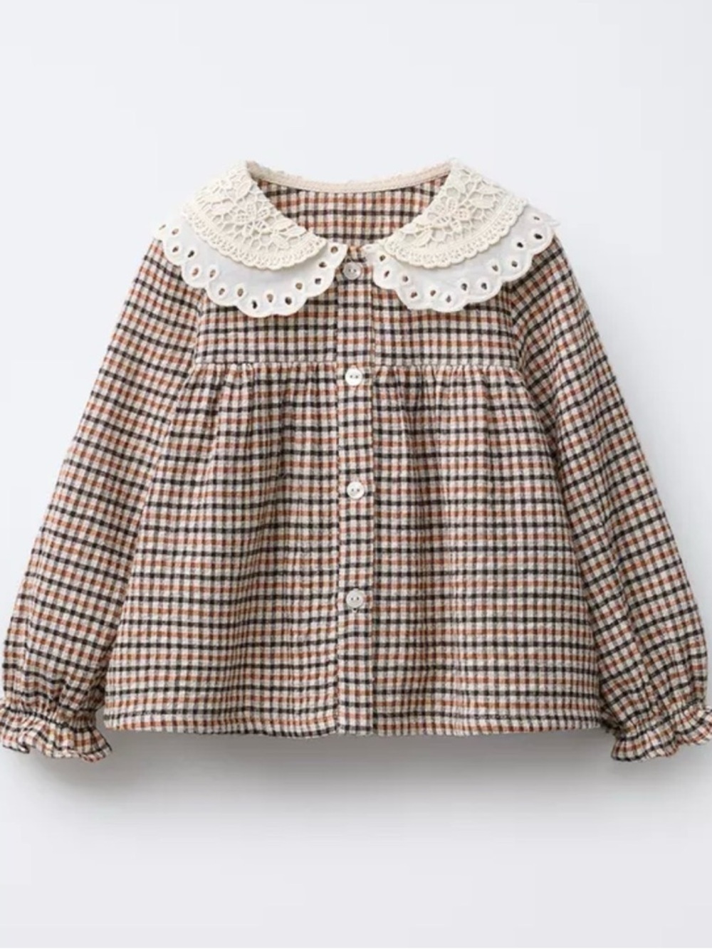 Zara Girls Plaid Button-Up Blouse with Cream Lace Collar - Beige/Brown/Black